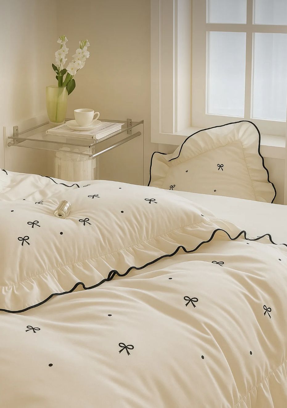 %100 Pamuk Çift Kişilik Fırfırlı Nevresim Seti Fiyonk Desenli - Siyah