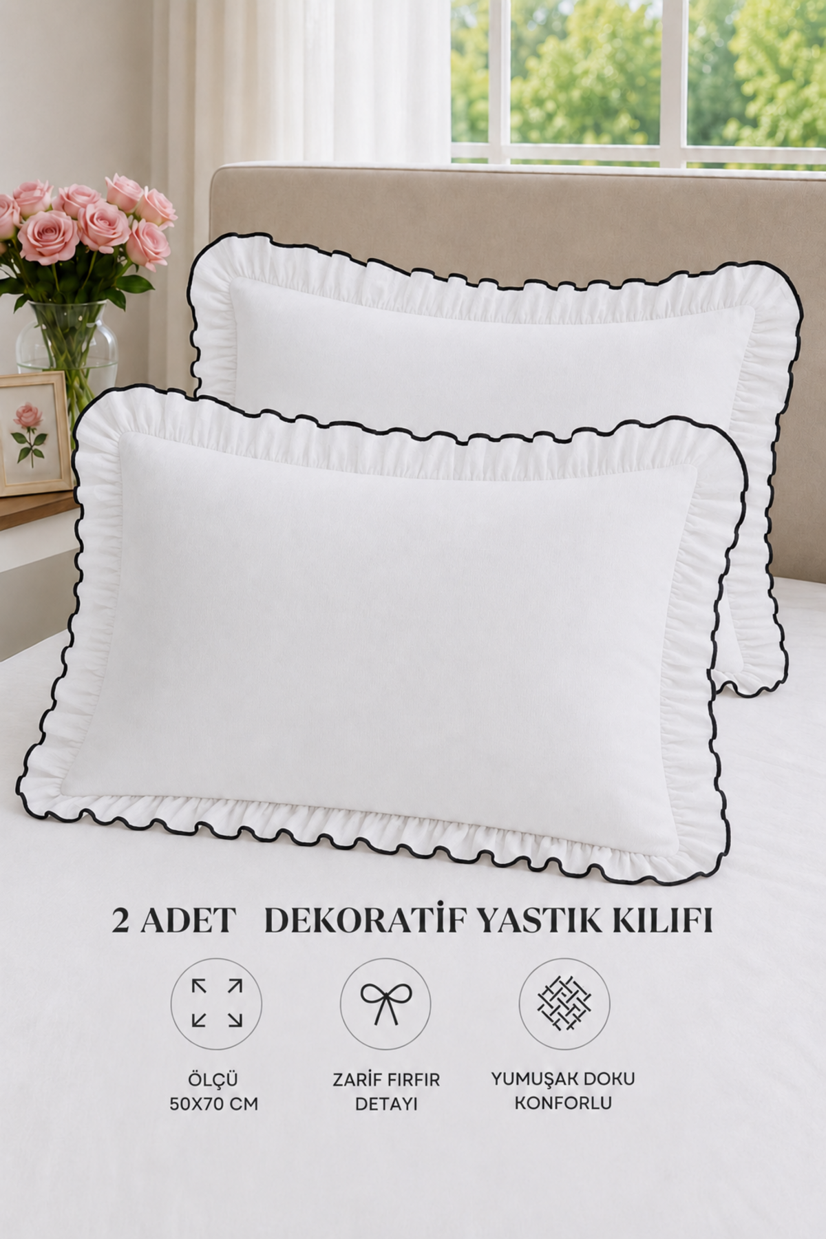 2’li Pamuklu fırfırlı yastık kılıfı 50x70 cm
