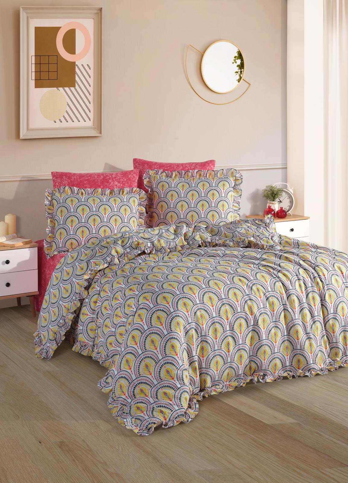 Retro %100 Pamuk Çift Kişilik Fırfırlı Nevresim Seti - Yelpaze Desenli