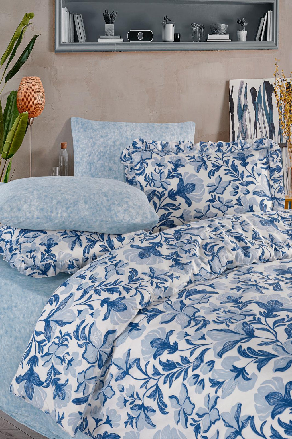 Majolica %100 Pamuk Çift Kişilik Fırfırlı Nevresim seti - Mavi