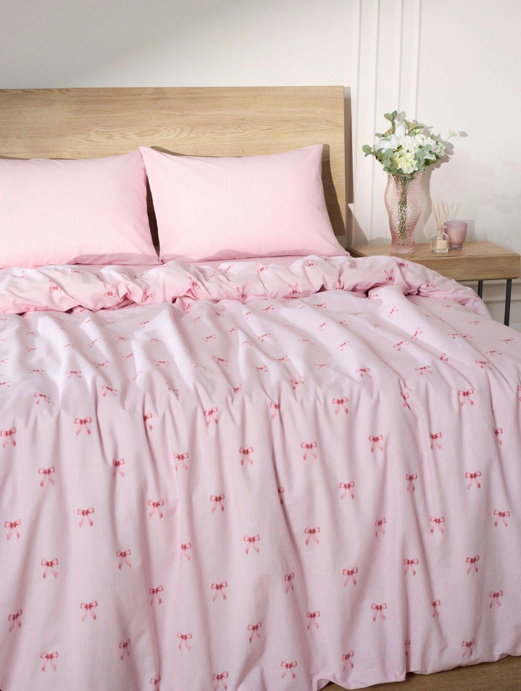 Coquette %100 Pamuk Fiyonk Desen Çift Kişilik Nevresim Seti -Pembe