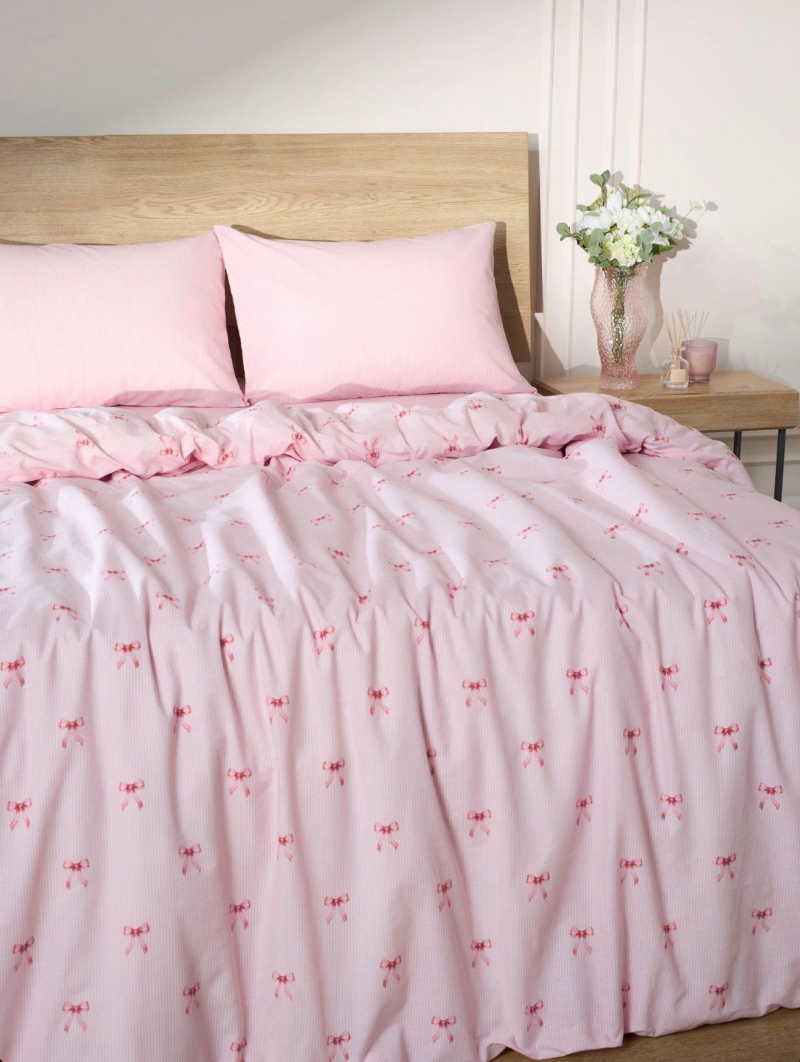 Coquette %100 Pamuk Fiyonk Desen Çift Kişilik Nevresim Seti -Pembe