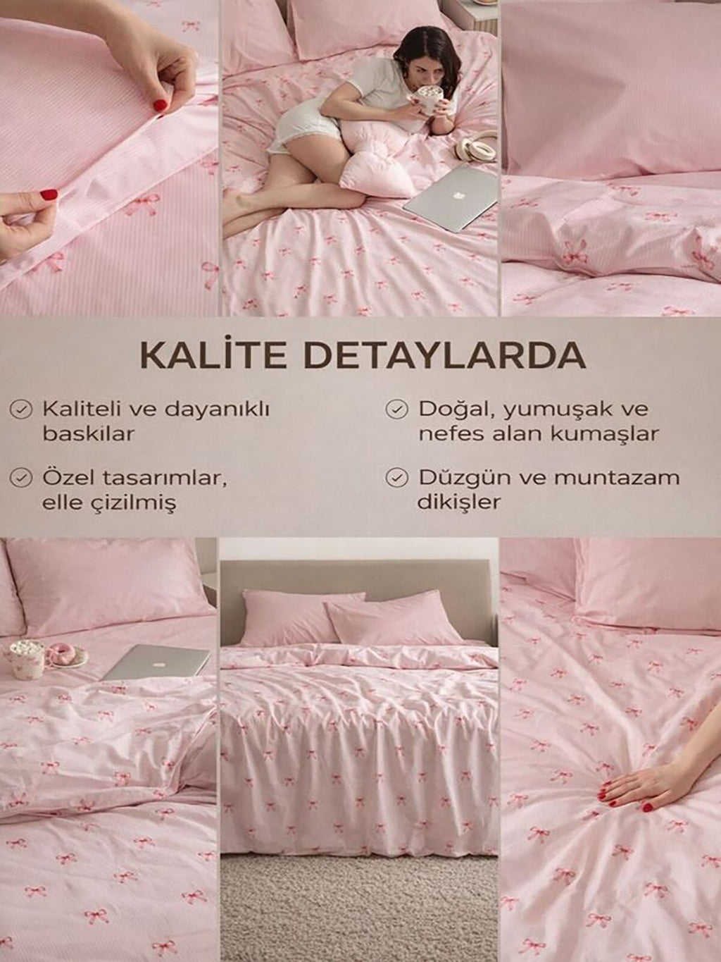 Coquette %100 Pamuk Fiyonk Desen Çift Kişilik Nevresim Seti -Pembe