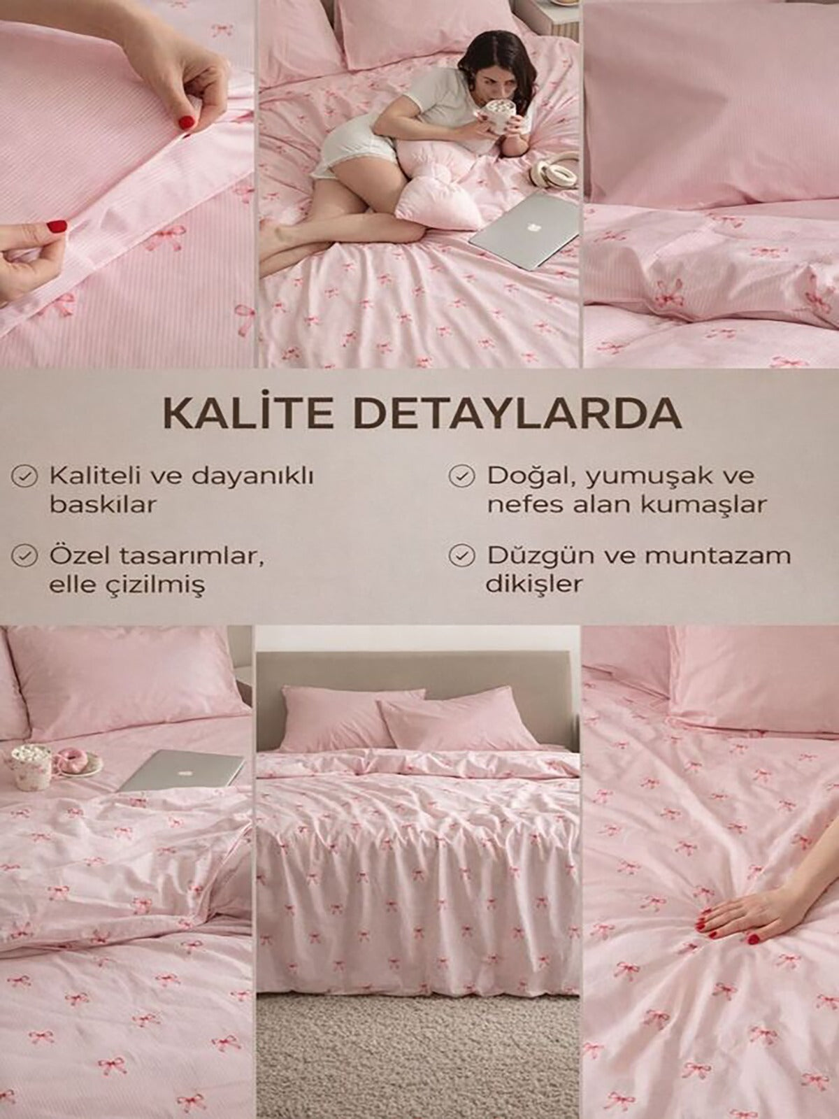 Coquette %100 Pamuk Fiyonk Desen Çift Kişilik Nevresim Seti -Pembe